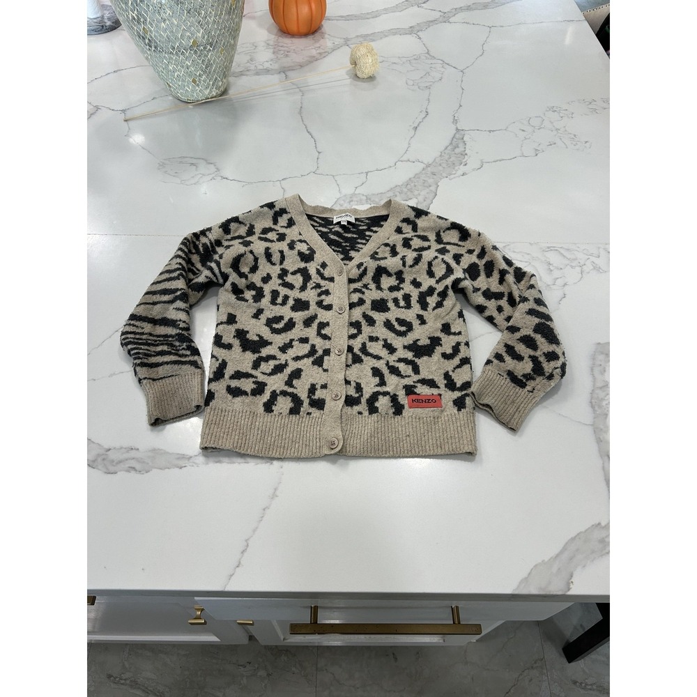 Kenzo Cardigan Sweater Girls Small Beige Leopard Print V Neck Button Front